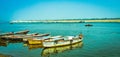 Beautiful boats anchored near the Ganges river banks during sunrise, Varanasi, India Royalty Free Stock Photo